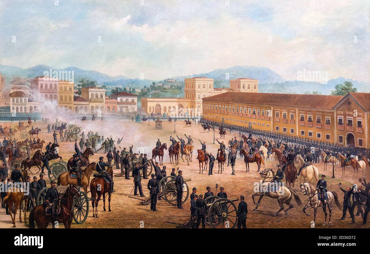 Dipinto storico intitolato proclamazione della Repubblica (Proclamação da República) di Benedito Calixto, 1893. Olio su tela raffigurante la proclamazione della Repubblica a Rio de Janeiro, allora capitale dell'Impero del Brasile. Foto Stock