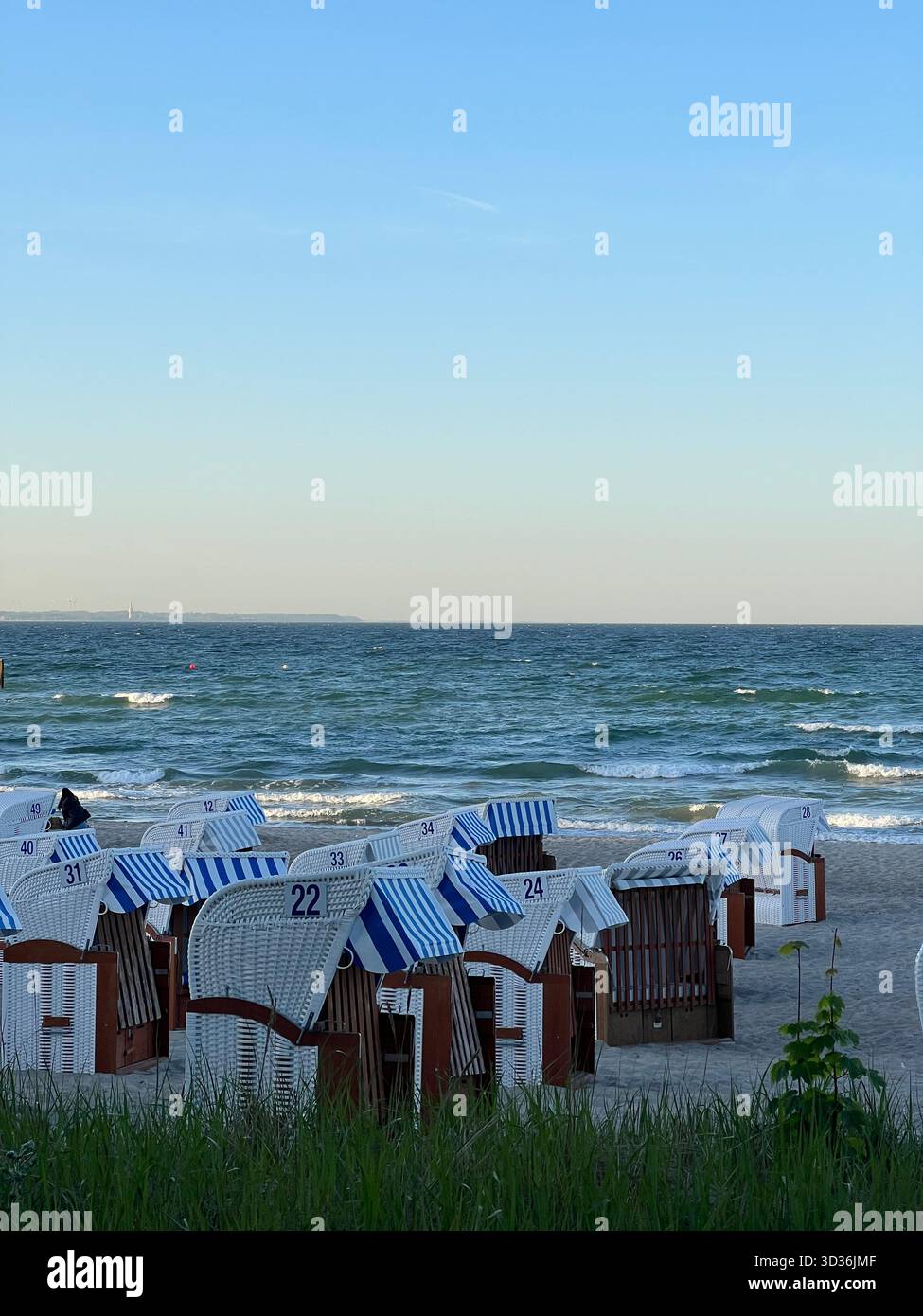 File di sedie da spiaggia in vimini con cappuccio tradizionali tedesche con strisce blu e bianche che costeggiano una spiaggia sabbiosa. Le dolci onde del Mar Baltico - Immagine stock catturata con smartphone