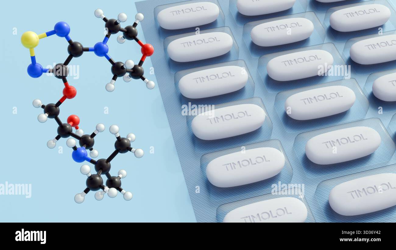 Illustrazione 3D del modello molecolare Timolol e della pillola ovale etichettata "TIMOLOLO", che mostra un prodotto farmaceutico pronto all'uso per il trattamento del glaucoma Foto Stock