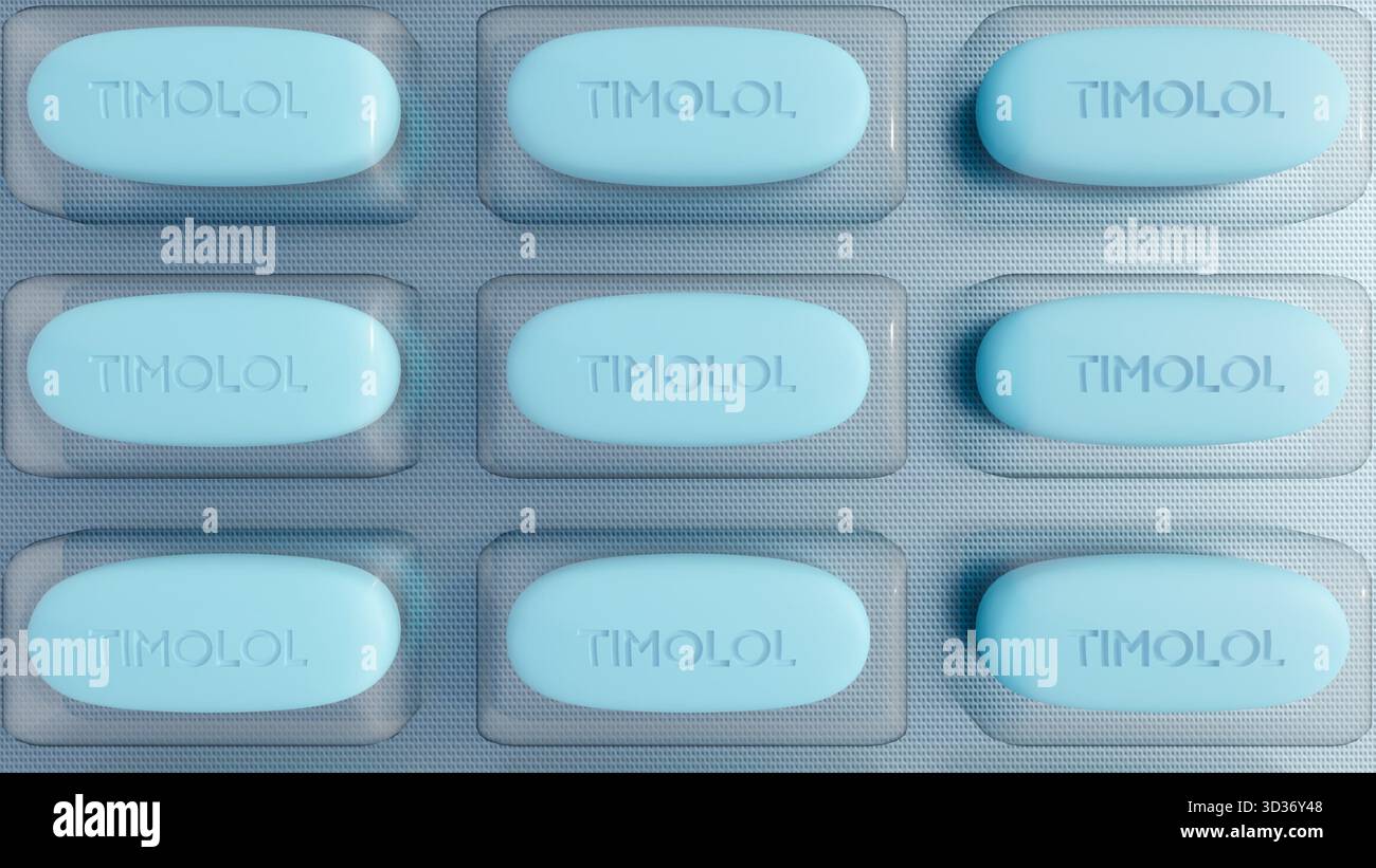 Un'illustrazione 3d di pillole di forma ovale in blister etichettate "TIMOLOLO", che suggerisce un prodotto farmaceutico pronto per l'uso per il trattamento del glaucoma Foto Stock