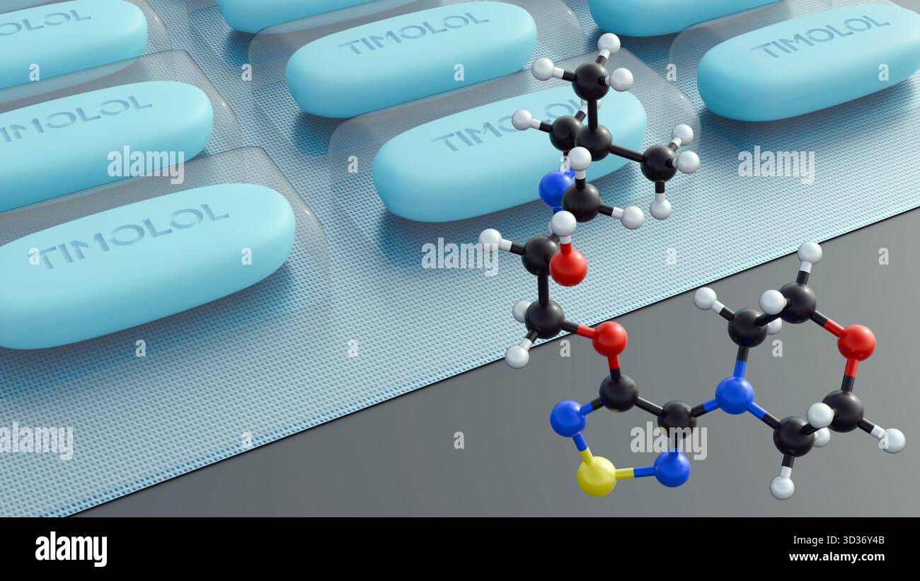 Illustrazione 3D del modello molecolare Timolol e della pillola ovale etichettata "TIMOLOLO", che mostra un prodotto farmaceutico pronto all'uso per il trattamento del glaucoma Foto Stock