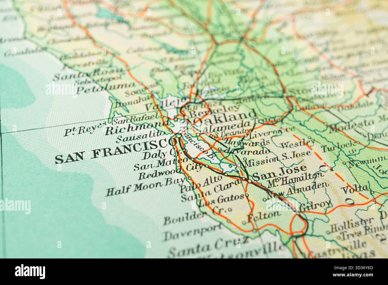 Mappa stradale in stile vintage di San Francisco e delle aree circostanti, che mostra le strade principali di Market Street, Bay Bridge, Golden Gate Bridge, terra divisa in Foto Stock