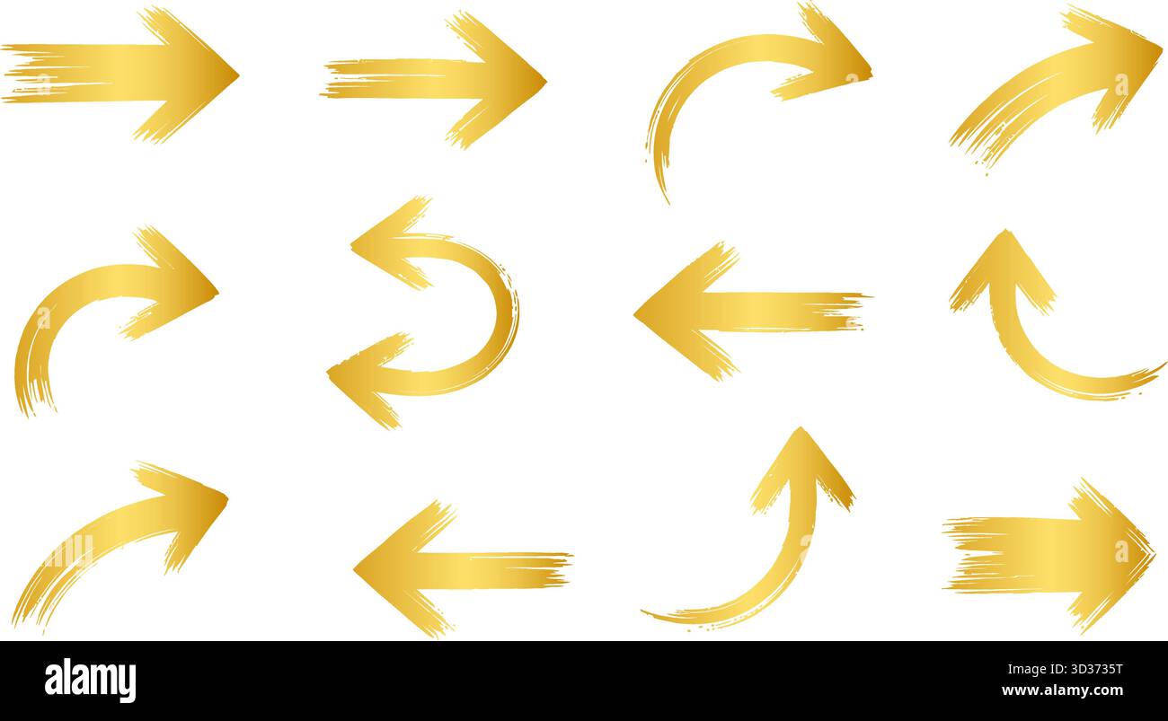 Set vettoriale frecce pennellate dorate isolate su sfondo bianco Illustrazione Vettoriale