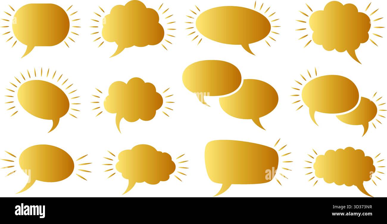 Fumetti dorati con fumetti e fumetti Vector Set di scintillanti palloncini metallici per chat Illustrazione Vettoriale