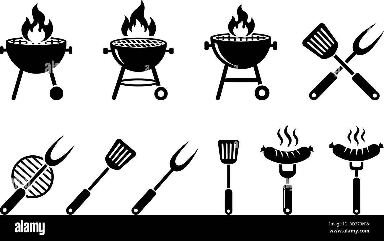 Barbecue e utensili per barbecue, set vettoriale con icone di silhouette nere Illustrazione Vettoriale