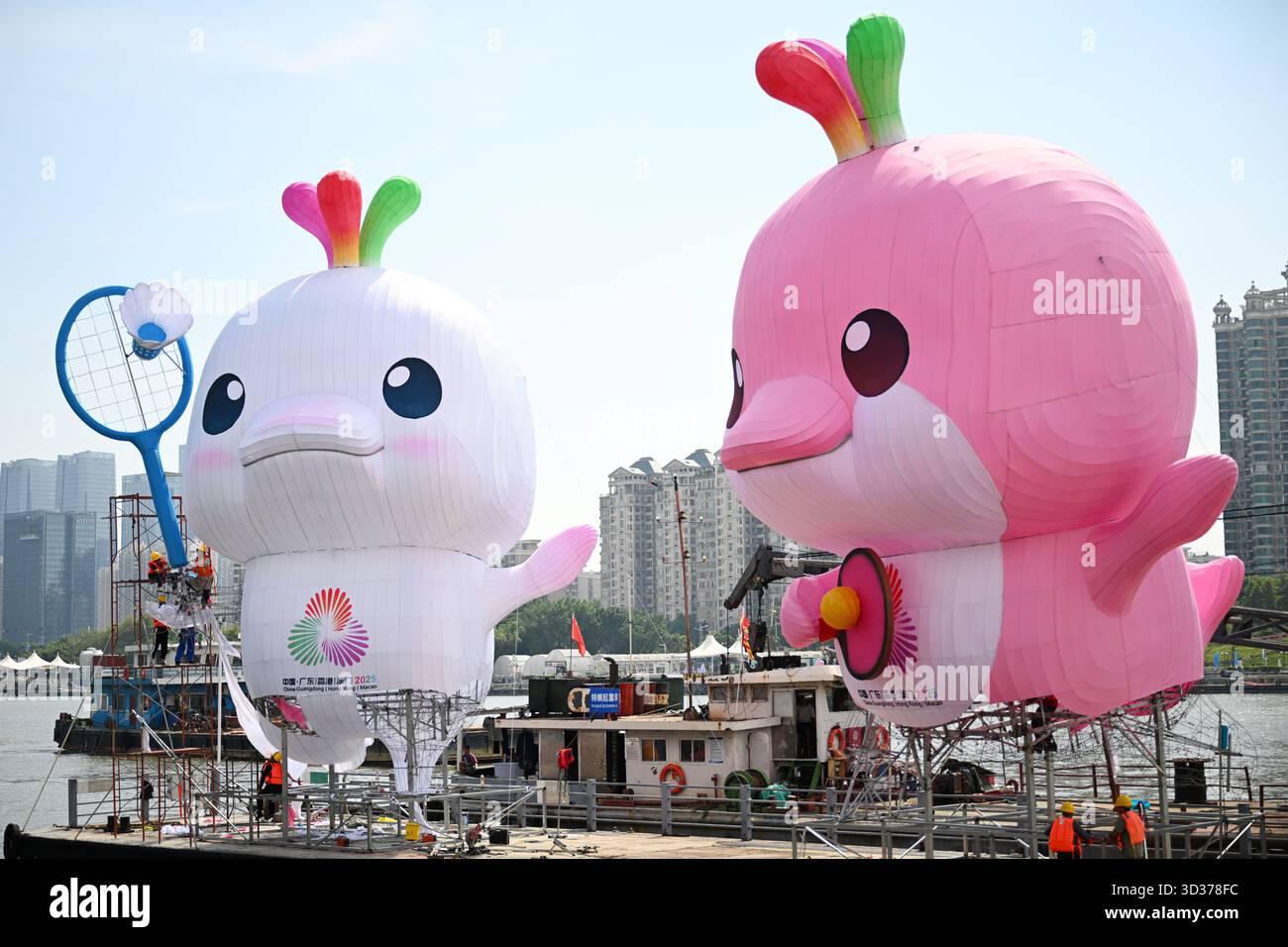 Guangzhou, Cina. 1 novembre 2025. I lavoratori hanno assemblato una scultura di mascotte su larga scala per i Giochi nazionali sul fiume delle Perle a Haixinsha Wharf a Guangzhou, capitale della provincia del Guangdong della Cina meridionale, il 1° novembre 2025. Secondo quanto riferito, la mascotte alta 15 metri, realizzata utilizzando la tradizionale tecnica "Caizha" (rilegatura di carta colorata), è stata installata su un pontile sull'asse centrale del fiume delle Perle, creando una scena suggestiva accanto ai simboli della città di Guangzhou. Credito: Chen Chuhong/China News Service/Alamy Live News Foto Stock