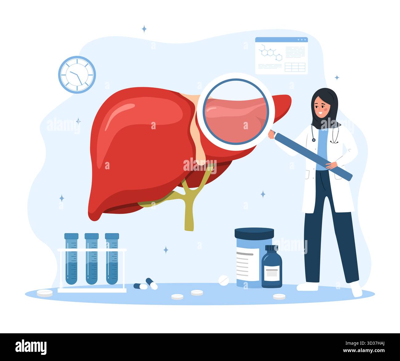 Specialista medico che analizza la patologia epatica. Terapia basata su evidenze per epatite cronica o carcinoma epatocellulare. Dottoressa araba con grandi dimensioni Illustrazione Vettoriale