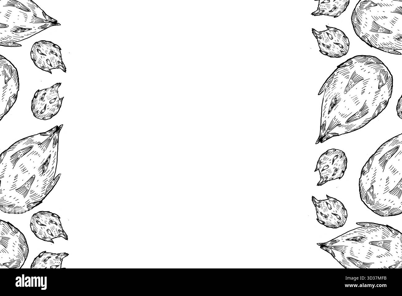 Cornice di frutta del drago disegnata a mano con spazio per il testo. Cibo di sottofondo con frutta esotica tropicale. Telaio verticale pitahaya per disegno a inchiostro per imballaggio Illustrazione Vettoriale