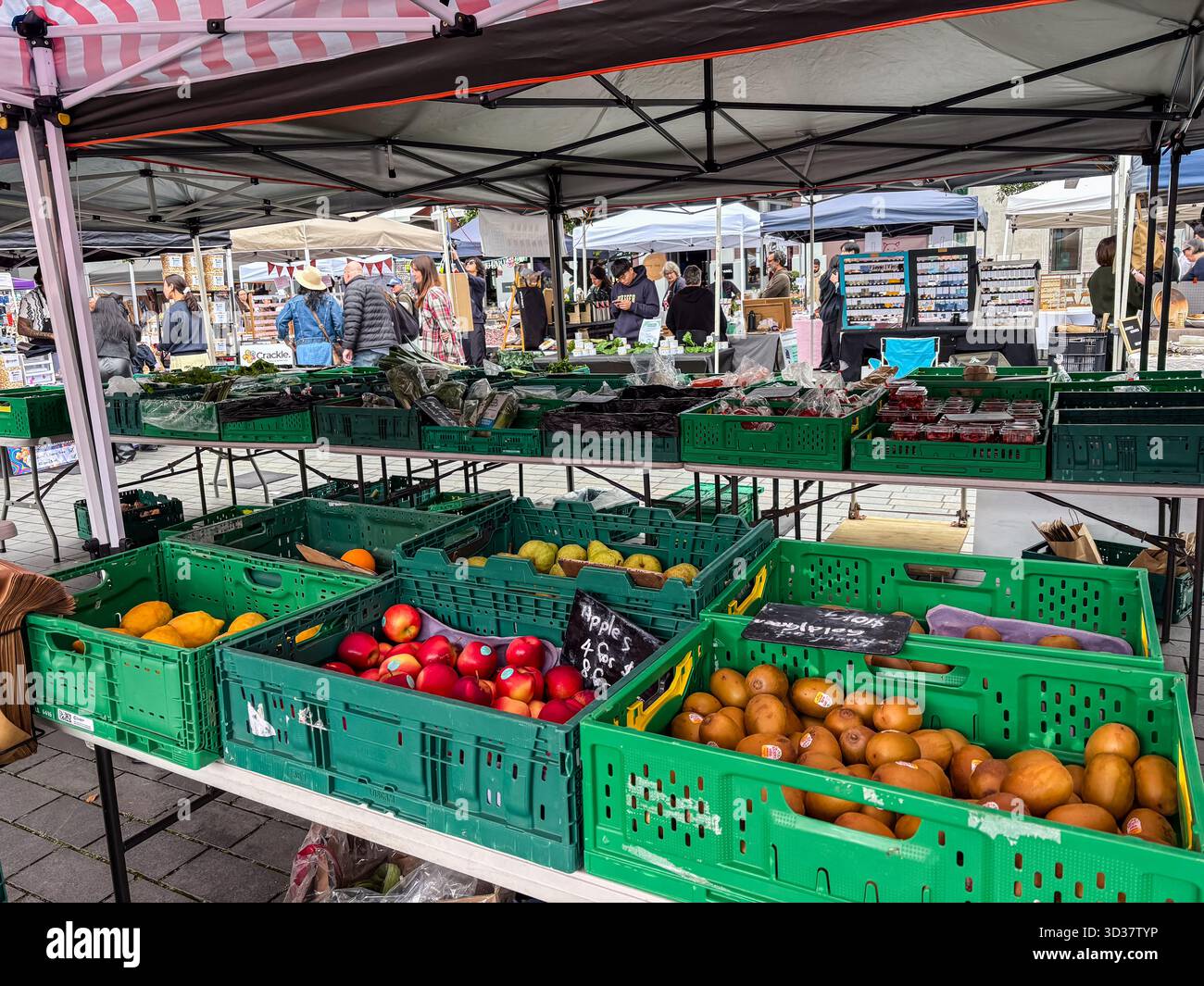 Mercato del sabato Britomart. Vivace scenario di mercato agricolo con gli acquirenti che curiosano tra varie bancarelle con frutta e verdura fresche in casse verdi. Foto Stock