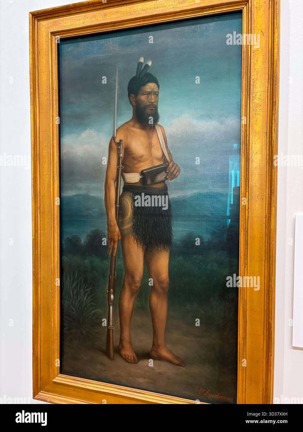 Gottfried Lindauer dipinge un guerriero Māori, con tatuaggi moko, abiti tradizionali e un fucile. Esposto alla Auckland Art Gallery. Foto Stock