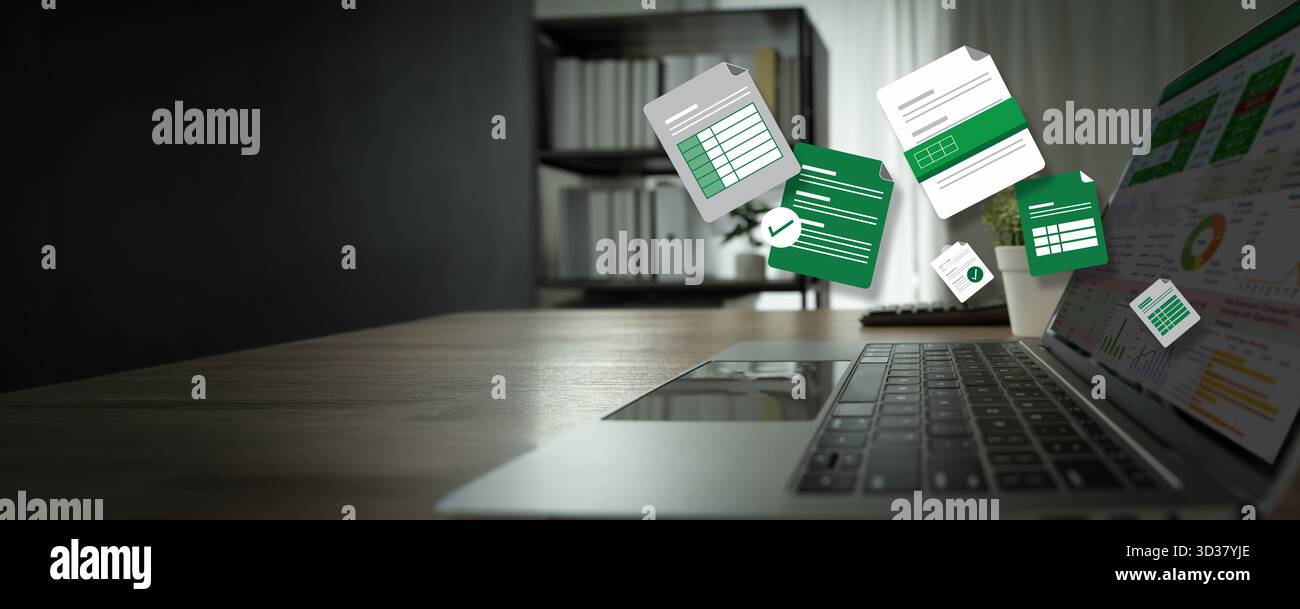 Dati e grafici in documenti di fogli di calcolo per l'analisi online dashboard del progetto Microsoft Excel contabilità documenti finanziari digitali Foto Stock