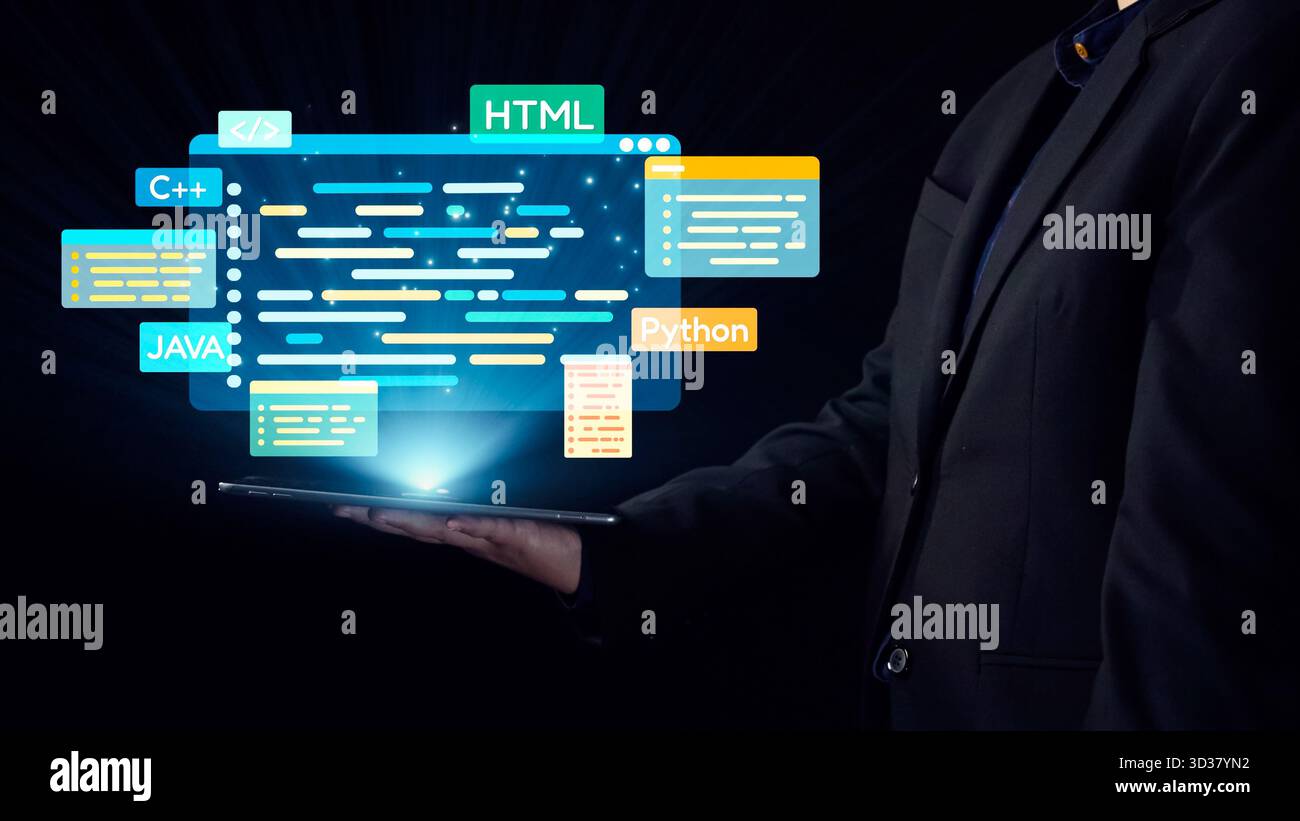 Un programmatore moderno si impegna con un tablet, mostrando vari linguaggi di programmazione come HTML e , in un ambiente oscuro e futuristico che mette in evidenza Foto Stock