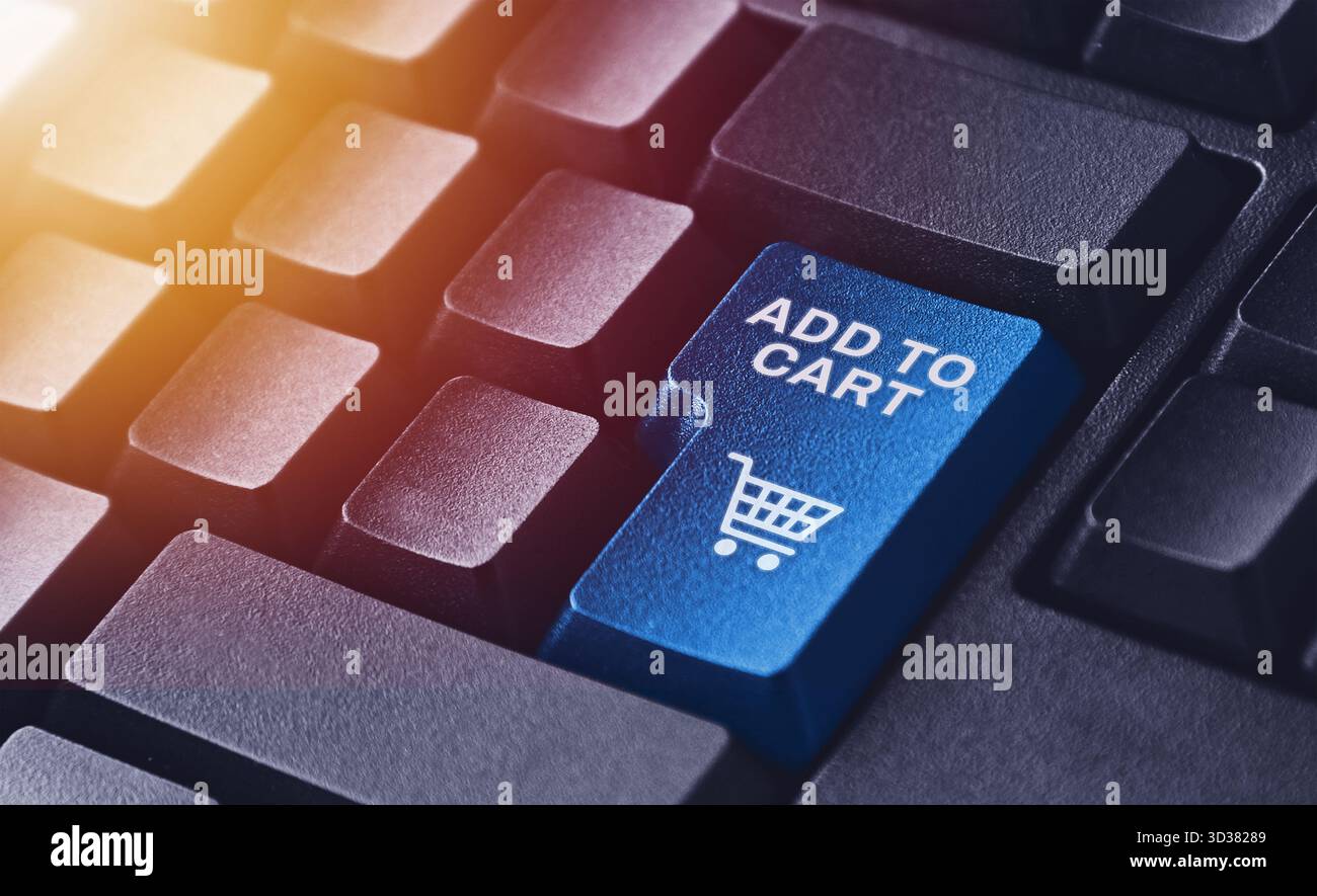 Tastiera del computer con pulsante Aggiungi al carrello Foto Stock