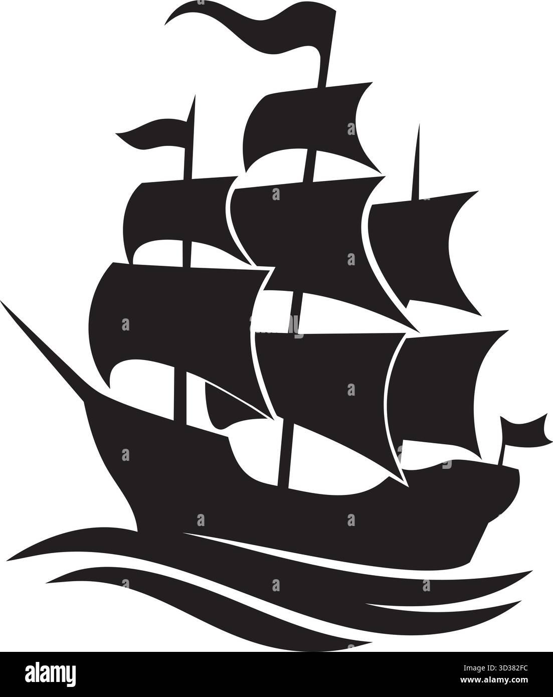 Classica silhouette a tre alberi di galeone Vector - Nautical Sailing Boat on Waves Black Graphic for Adventure, Travel o Pirate Logo Illustrazione Vettoriale