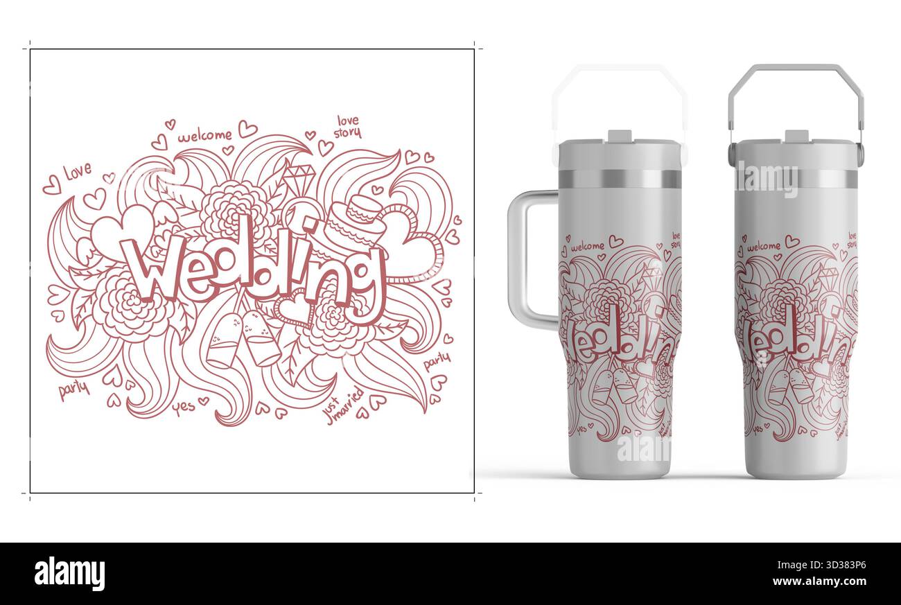 Tumblers avvolge il design con stravaganti scarabocchi, diserbo con diverse simpatiche icone su sfondo bianco. Design avvolgente per bicchieri da bibita Foto Stock