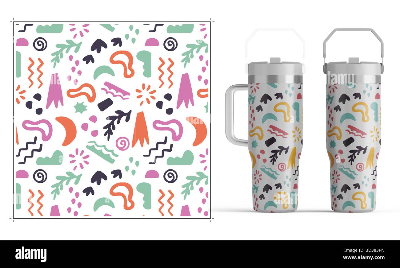 Tumblers avvolge il design con stravaganti scarabocchi con diverse simpatiche icone su sfondo bianco. Design avvolgente per bicchieri da bibita Foto Stock