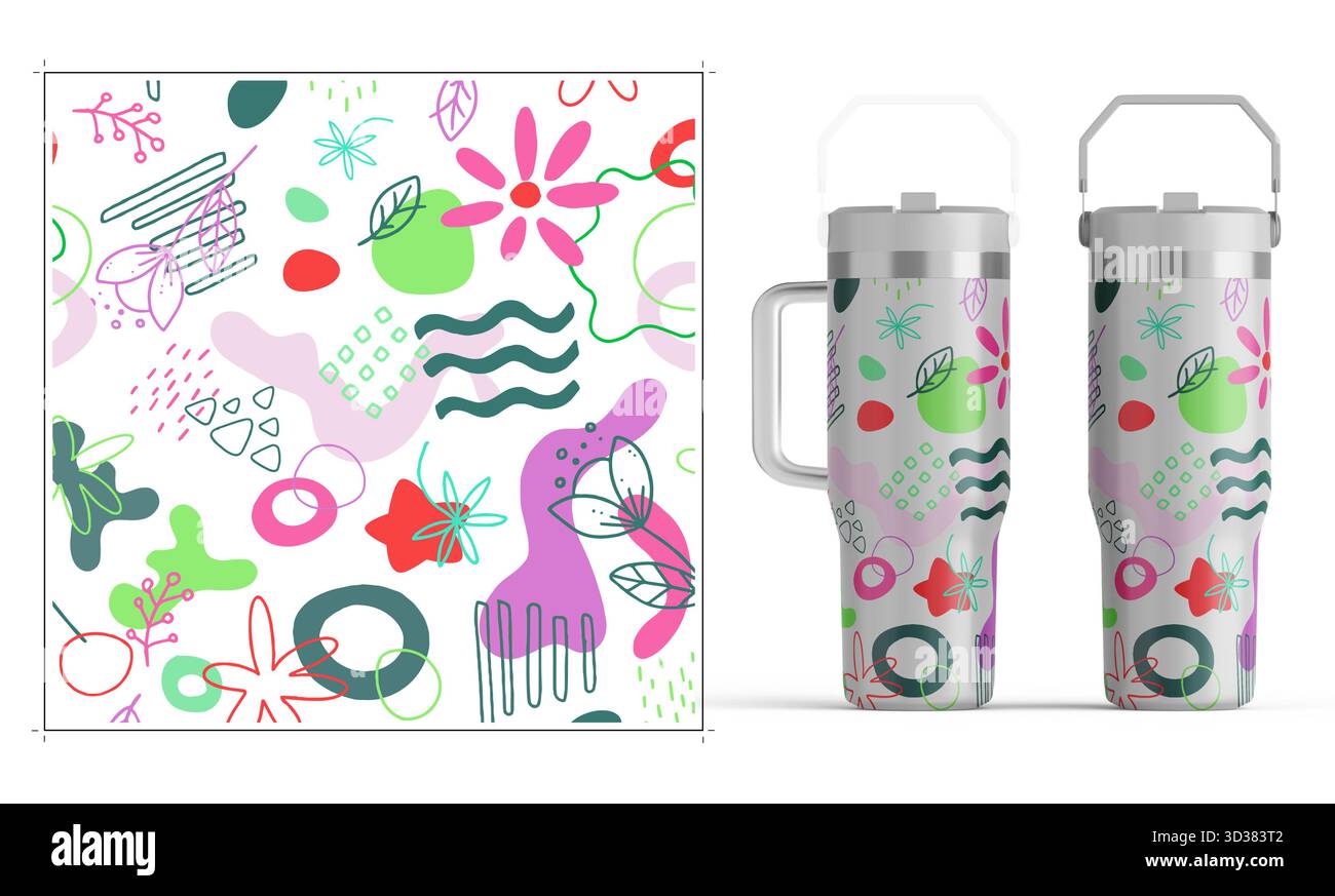 Tumblers avvolge il design con stravaganti scarabocchi con diverse simpatiche icone su sfondo bianco. Design avvolgente per bicchieri da bibita Foto Stock