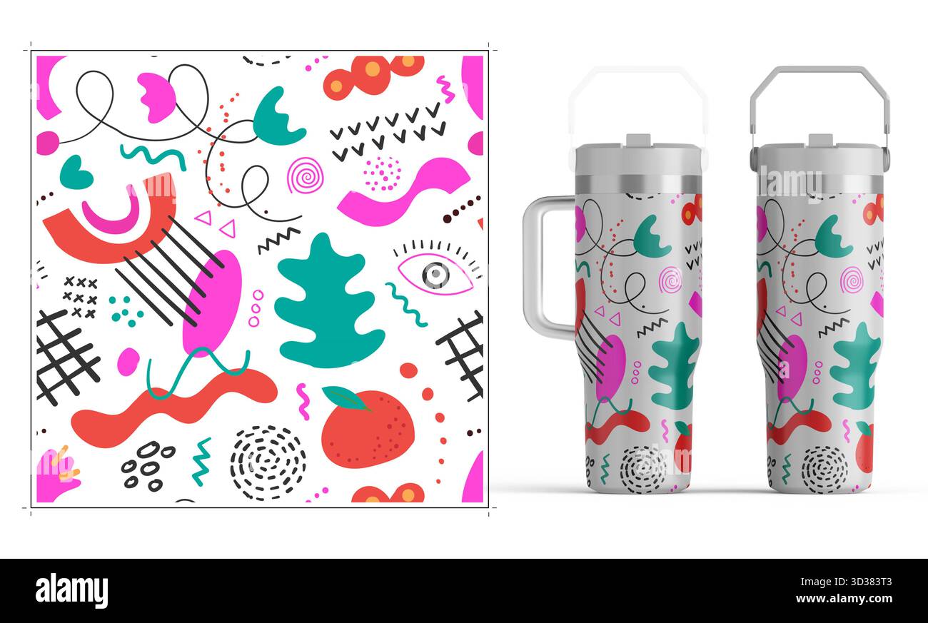 Tumblers avvolge il design con stravaganti scarabocchi con diverse simpatiche icone su sfondo bianco. Design avvolgente per bicchieri da bibita Foto Stock