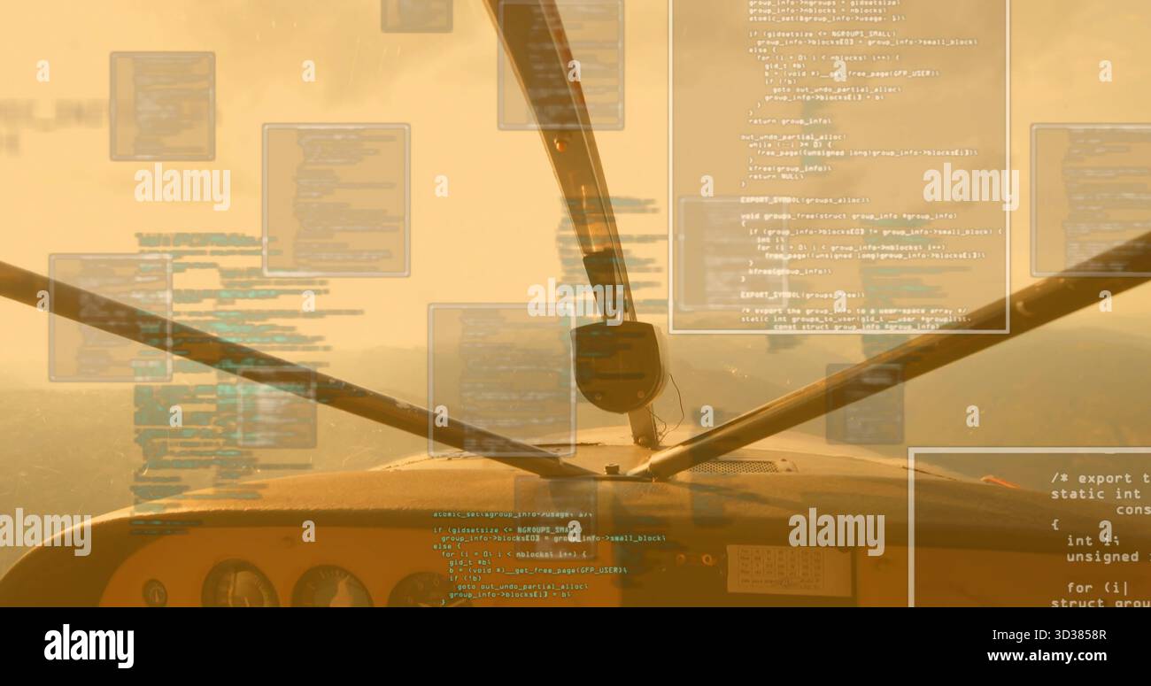 Mostra il quadro strumenti, la molla a gas e il mozzo dell'elica nel cockpit al tramonto, con sovrapposizioni di codice Foto Stock