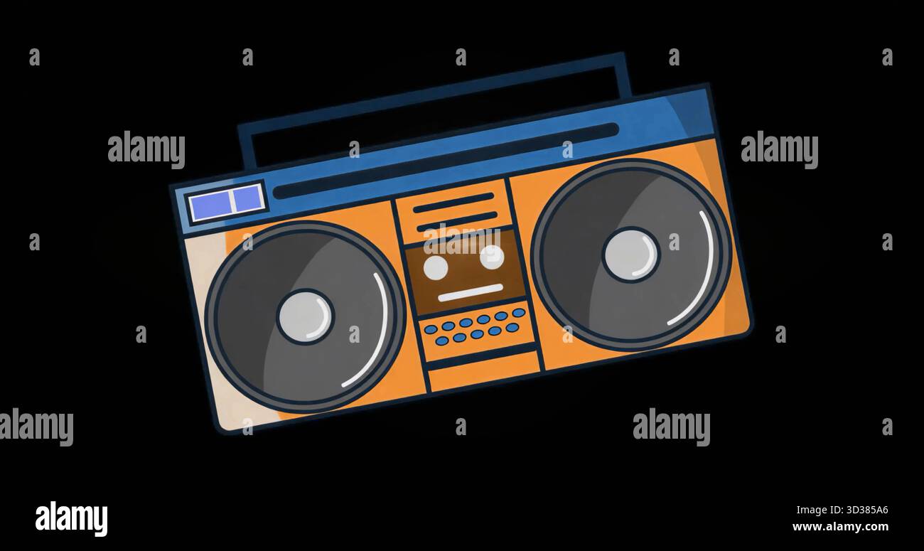 Con doppio altoparlante, deck per cassette e maniglia pieghevole, che si libra in stile retrò sullo sfondo nero Foto Stock