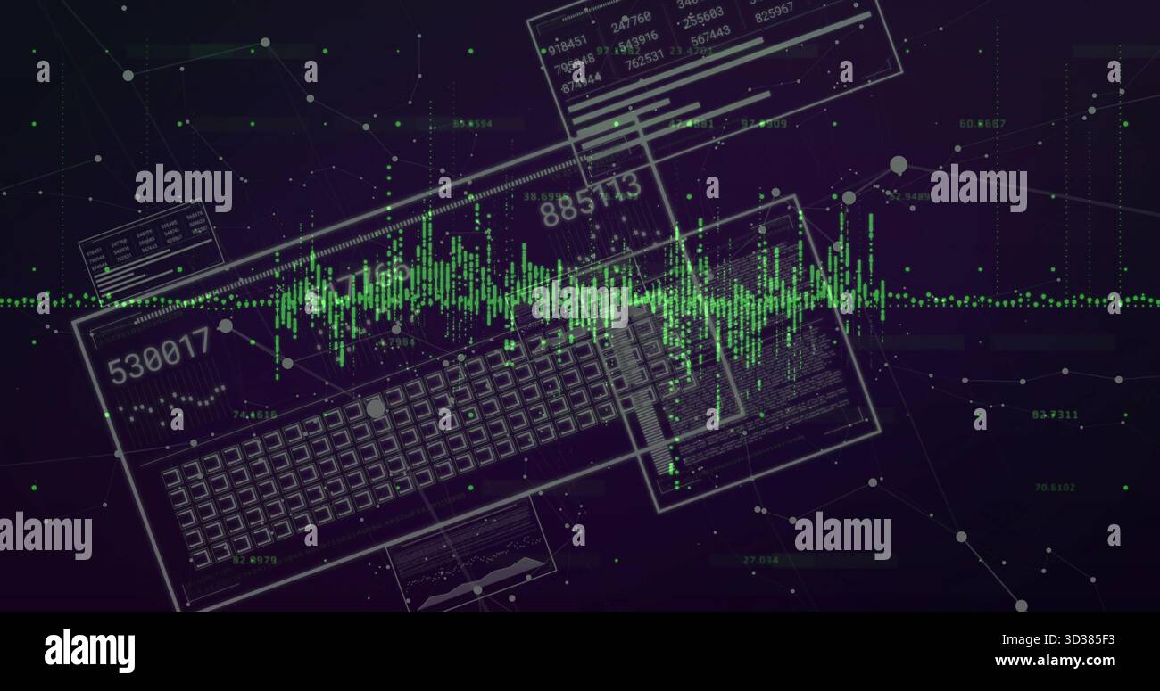 Forma d'onda dei dati verde neon che si estende nel cyberspazio, con pannelli chiari, tastiera, letture e nodi Foto Stock