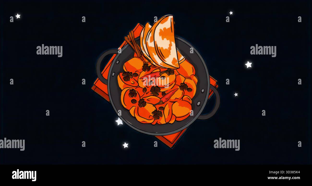 Mostra stufato arancione bollente in pentola nera con gamberi, vongole su trivet rosso, con bacchette di legno Foto Stock