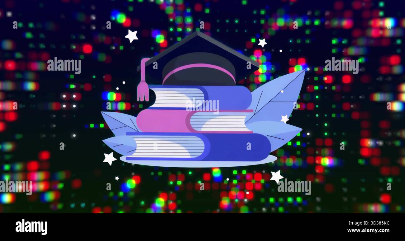 Una pila di libri digitali con cappuccio per mortarboard nello spazio digitale, con foglie e stelle Foto Stock