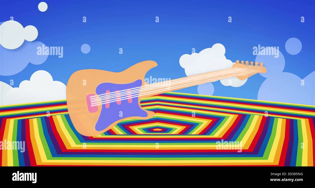 Chitarra elettrica arancione fluttuante sopra il pavimento arcobaleno in scena surreale, nuvole di cartoni animati, forme a bolle Foto Stock
