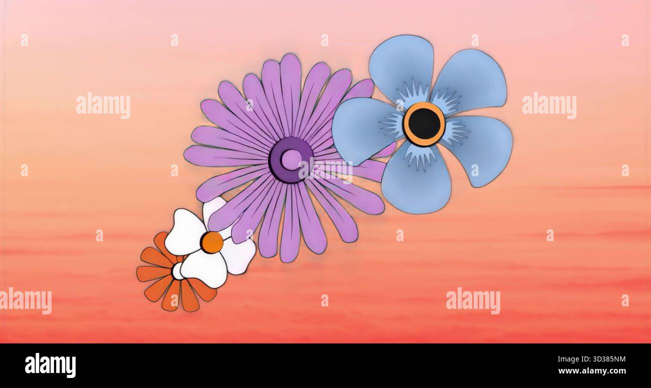 Con quattro fiori stilizzati che sbocciano su una tela morbida sfumata, sfoggiano colori vivaci Foto Stock