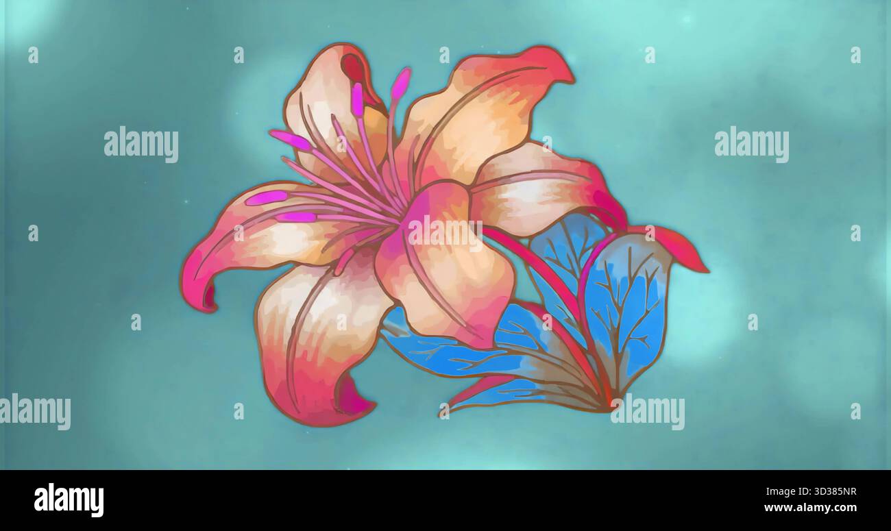 Mostra fiori in fiore con stami magenta e petali sullo sfondo verde acqua con foglie blu Foto Stock