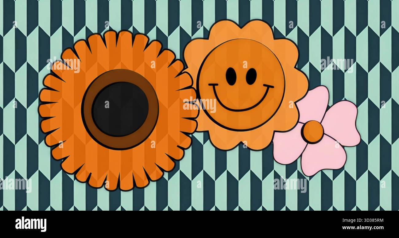 Mostra tre fiori su un motivo geometrico, con margherita arancione, fiore sorridente, fiore rosa Foto Stock