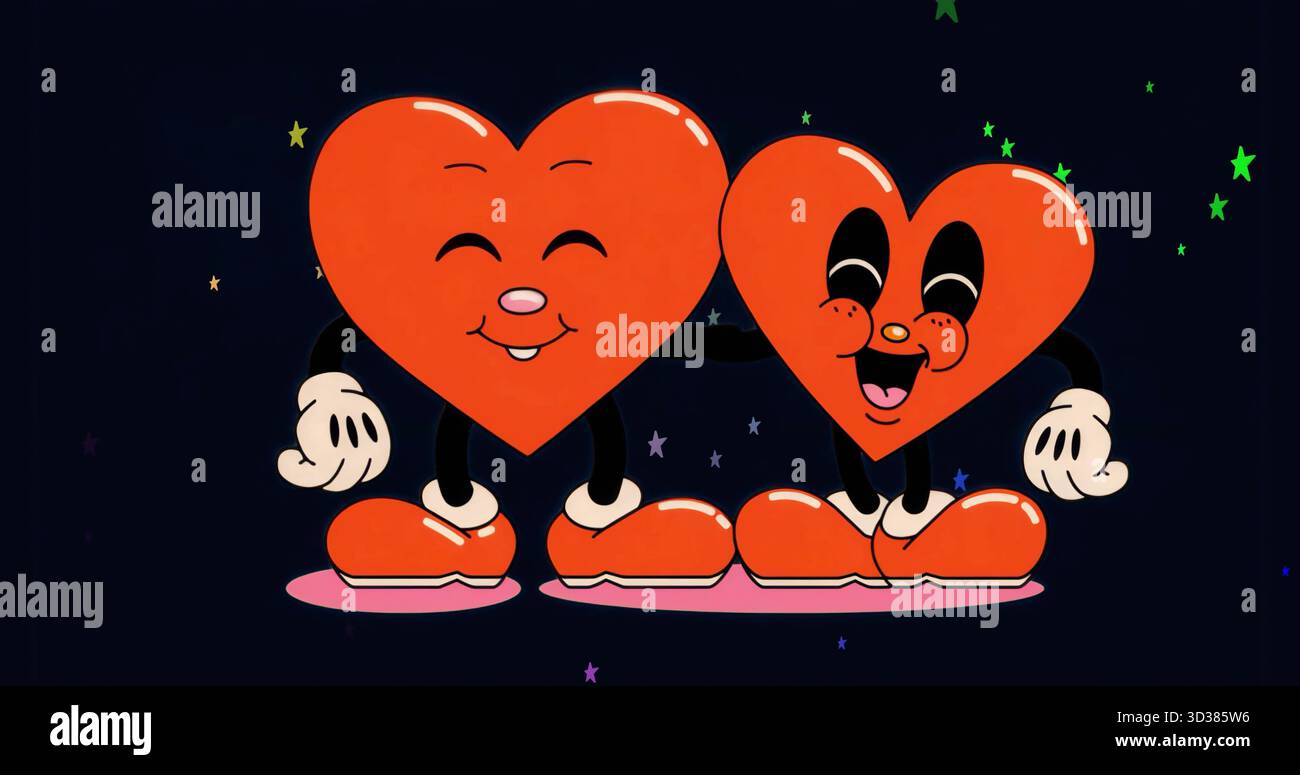 Personaggi cartoni animati rossi sorridenti in piedi su una piattaforma rosa con guanti bianchi e sfondo stellato Foto Stock