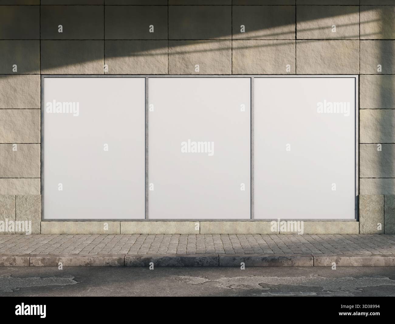 Poster con finestre a tre pannelli sull'esterno dell'edificio in pietra che si affaccia sul marciapiede urbano Foto Stock