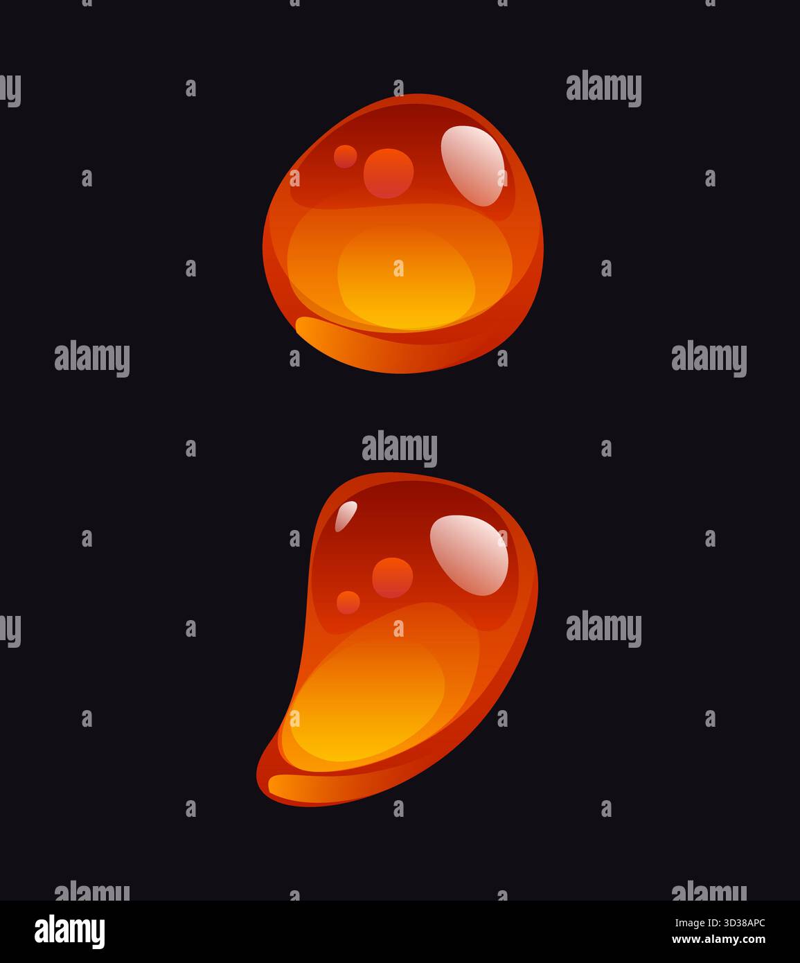 Punteggiatura font fumetto miele fluente punto e virgola. Segno di punteggiatura font Sweet Candy ABC, segno di carattere del vettore del miele liquido. Gustoso simbolo di tipo alfabeto caramello o elemento di composizione inglese ambrato Illustrazione Vettoriale