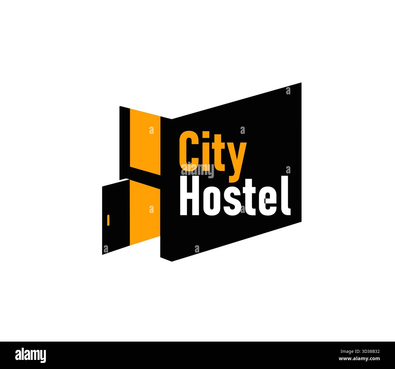 Icona dell'ostello cittadino per l'affitto di camere in hotel o in pensione urbana, insegna dell'app vettoriale. Icona dell'ostello in uno stile moderno e creativo alla moda con porte e finestre luminose per appartamenti o pensioni Illustrazione Vettoriale