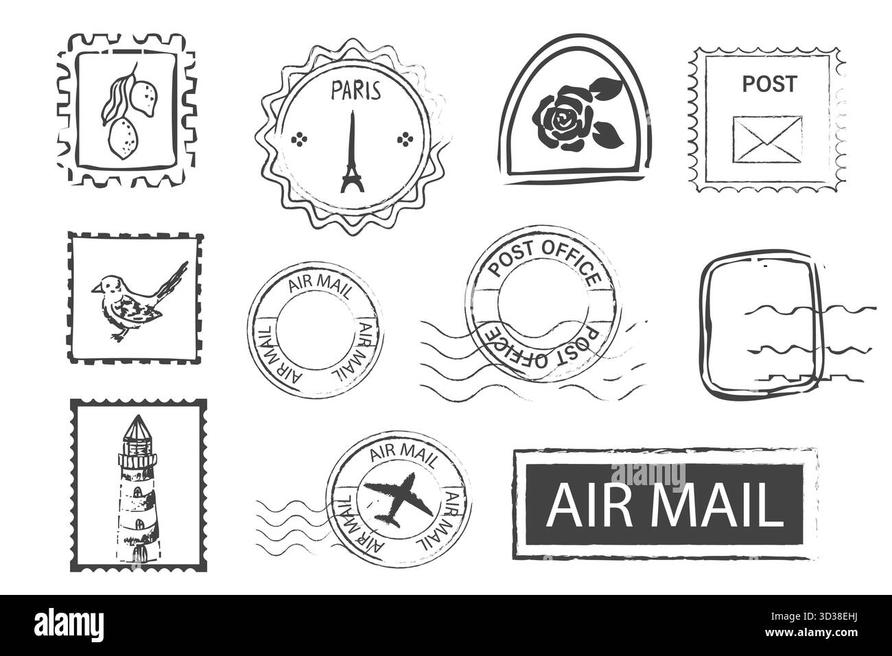 Timbro francobollo retrò, timbro postale con decorazioni, decorazioni vintage per album da collezione. Cartolina di viaggio turistica posta aerea. Illustrazione vettoriale Illustrazione Vettoriale