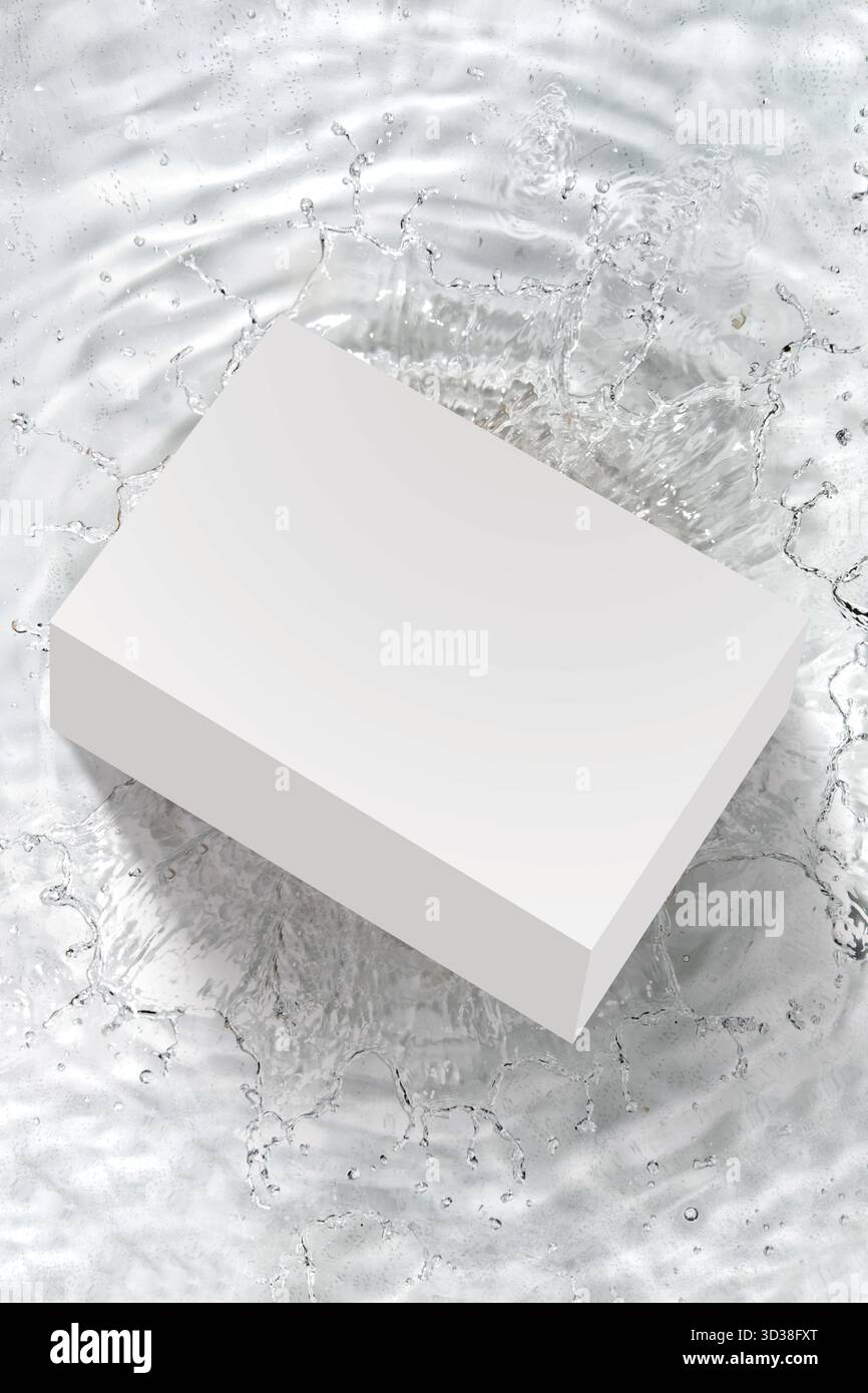 Scatola per sapone con design ad spruzzo d'acqua. Sfondo cielo volante. illustrazione 3d. Foto Stock