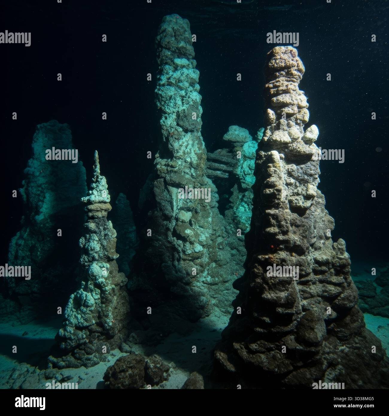 Deep Sea Exploration Mid-Atlantic Ridge 2026: Antiche formazioni sottomarine di Stromatolite in Deep Dark Water Foto Stock