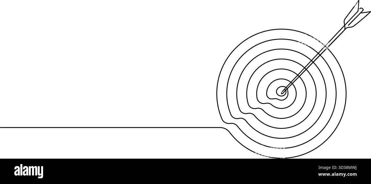 disegno a linea continua della freccia nel centro del bersaglio, illustrazione vettoriale line art Illustrazione Vettoriale