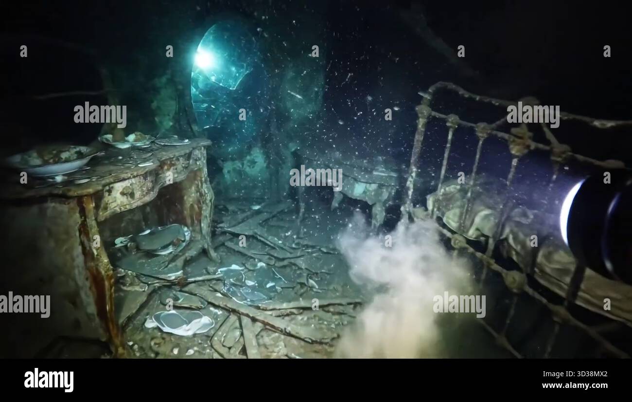 Esplorando l'interno spettrale di un relitto affondato del Titanic 2026 Foto Stock
