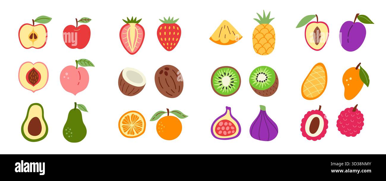 Illustrazioni vettoriali di cartoni animati Fruits, grande set di icone Illustrazione Vettoriale