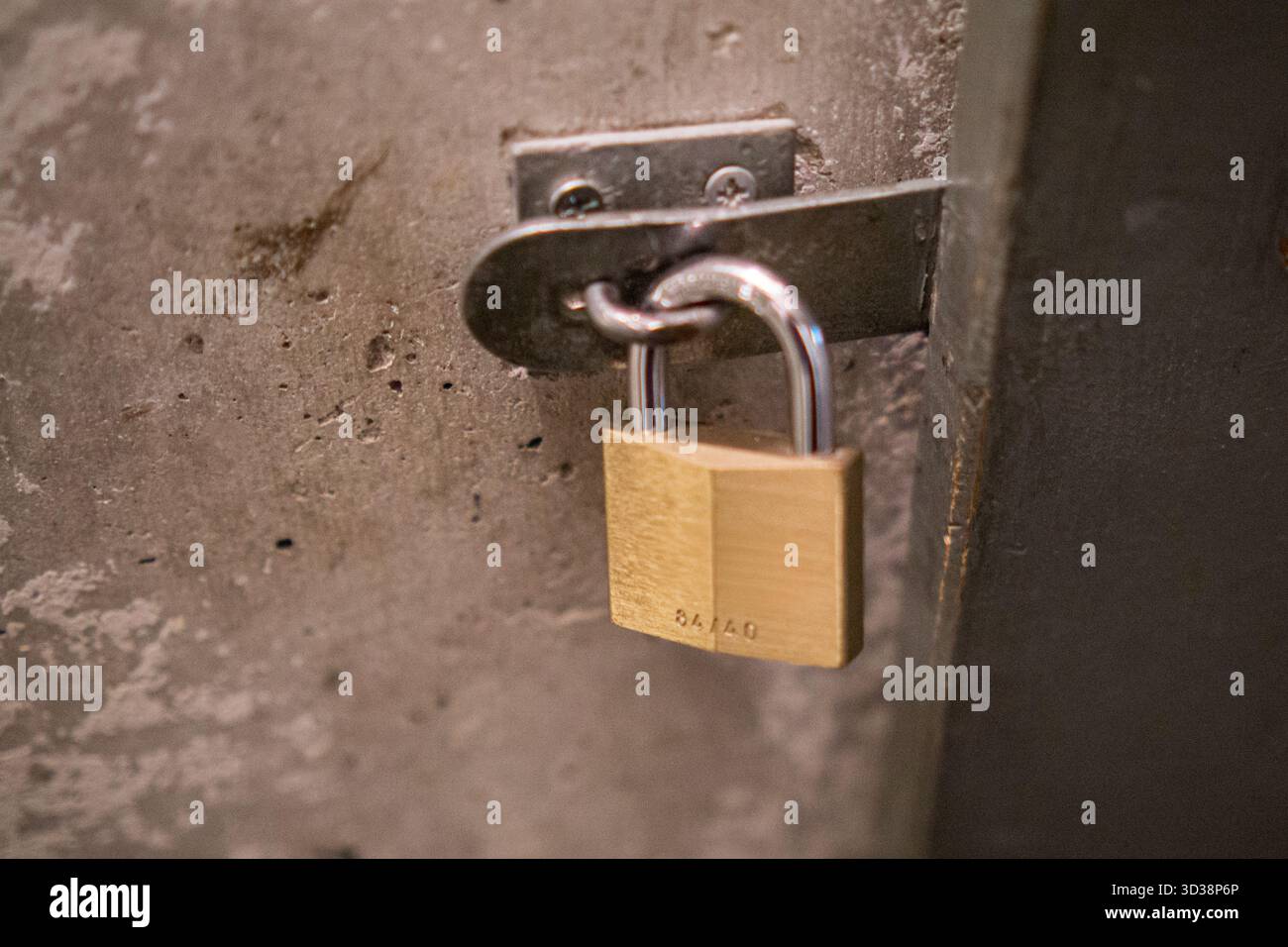 Primo piano di un lucchetto in ottone su una porta metallica che simboleggia la sicurezza e la protezione. Foto Stock