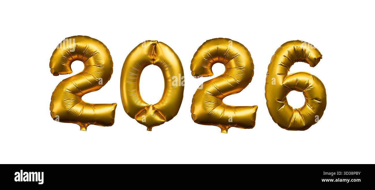 2026 scritto con palloncini d'oro numeri isolati su sfondo bianco, banner web per la festa di capodanno, ritagliato Foto Stock