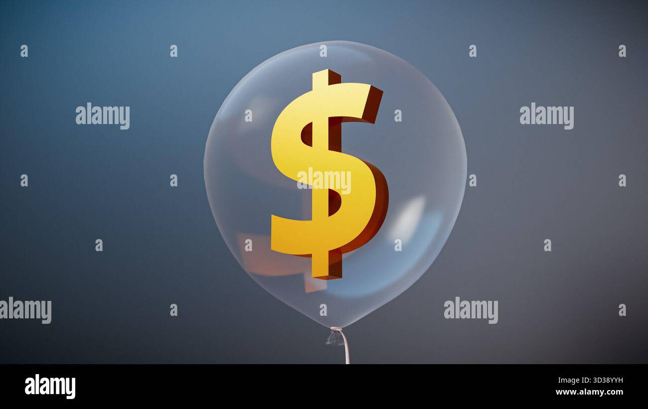 Concetto di bolla finanziaria: Insegna del dollaro oro all'interno di un pallone trasparente. rendering 3d. Foto Stock
