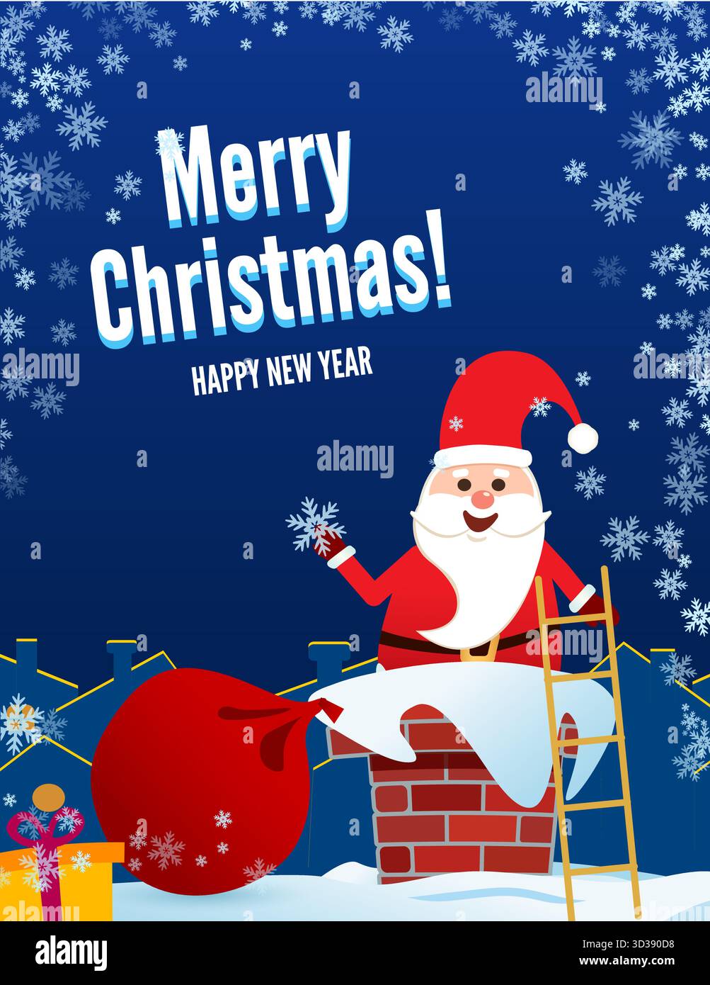 Buon Natale e felice anno nuovo. Babbo Natale mette i regali in un camino fuori da una borsa. Illustrazione Vettoriale