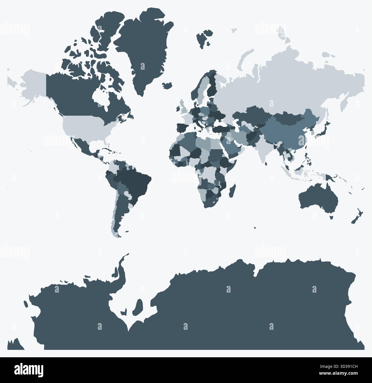 Mappa del mondo. Una semplice mappa dei confini con le divisioni dei paesi. Tavolozza dei colori blu-grigio. Mappa piatta con divisioni amministrative. Illustrazione vettoriale. Illustrazione Vettoriale