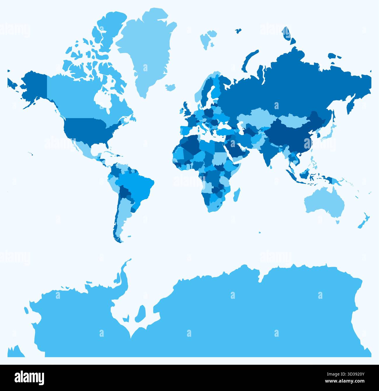 Mappa del mondo. Solo una semplice mappa dei confini con le divisioni dei paesi. Tavolozza di colori azzurro. Mappa semplice con divisioni amministrative. Illustrazione Vettoriale