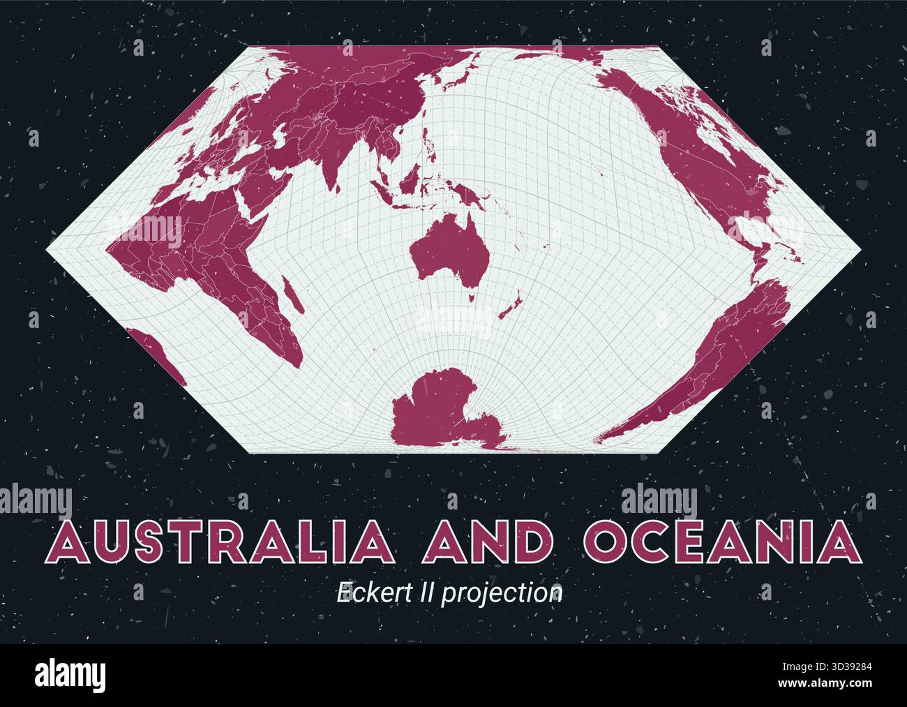 Australia e Oceania. Mappa del mondo. Proiezione di Eckert II incentrata su Australia e Oceania. Pallido Mint Dark Pink (Rosa scuro). Texture vintage. Illustrazione Vettoriale