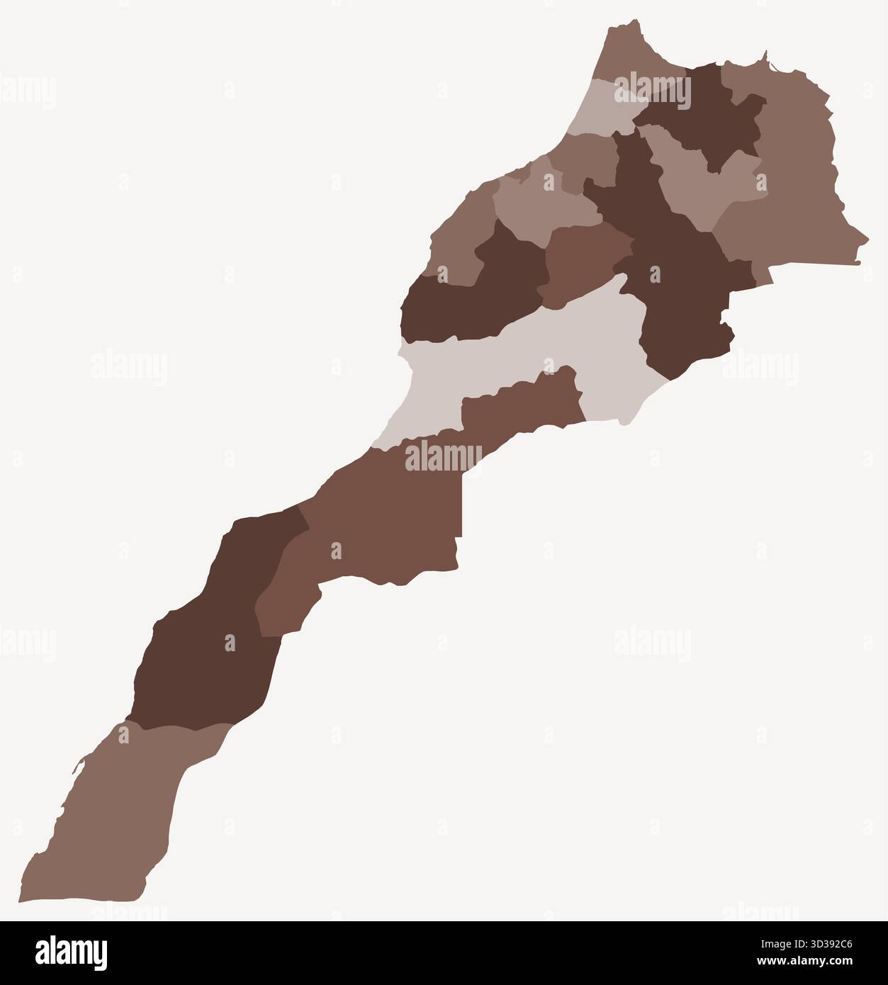 Mappa del Marocco con le regioni. Solo una semplice mappa di confine con la divisione della regione. Tavolozza dei colori marrone. Illustrazione Vettoriale