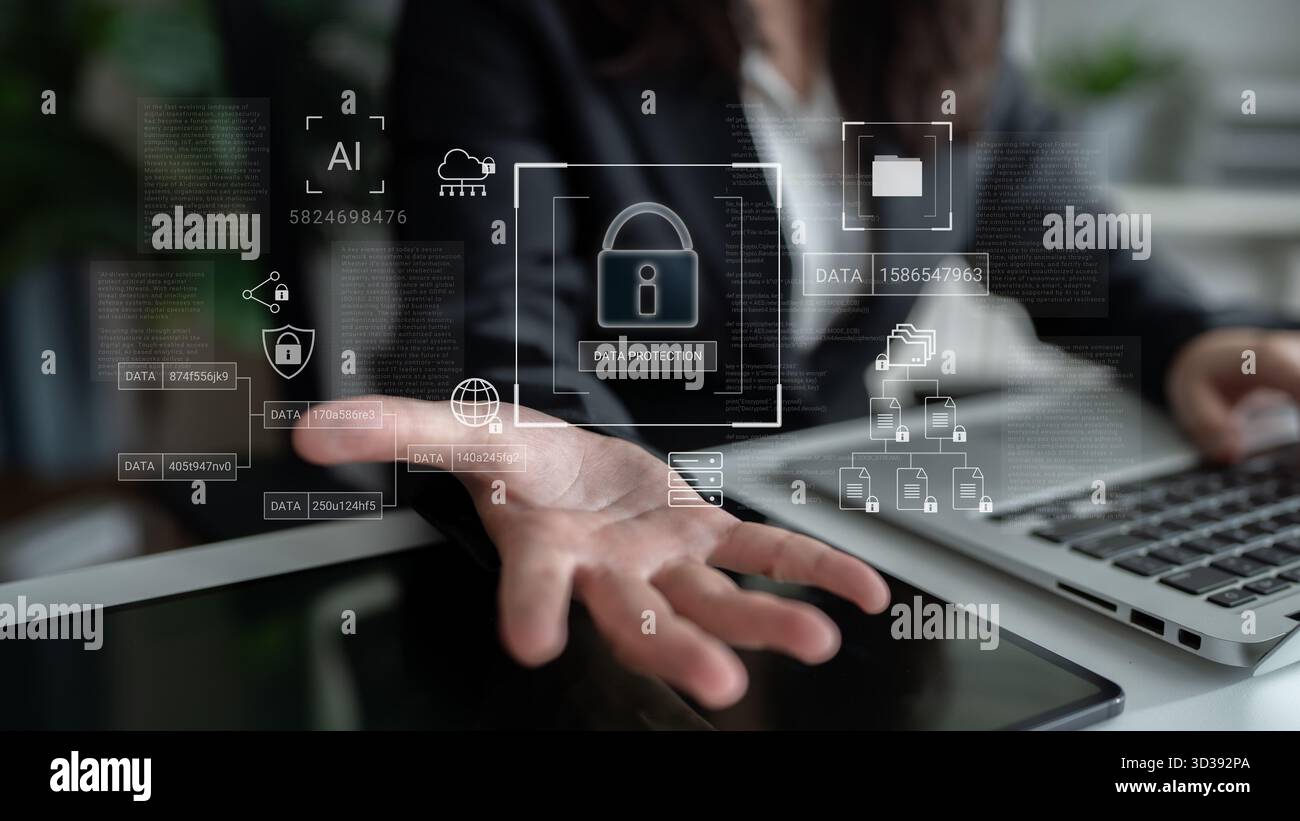 Lucchetto digitale circondato da diagrammi di sicurezza dei dati che rappresentano crittografia, protezione della rete e analisi sicura della gestione delle informazioni Foto Stock